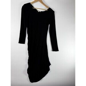 House of Dagmar Dress Large Black Asymmetrical Midi Ruched Sheer Fitted Edgy